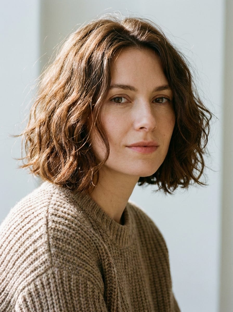 Kastanienbrauner Bob mit weichen Wellen - Kurze braune Bob Frisuren